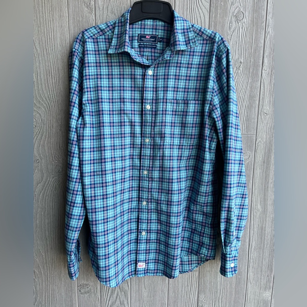 Vineyard Vines Performance Classic Fit Plaid Button Down Shirt Mens Medium Blue